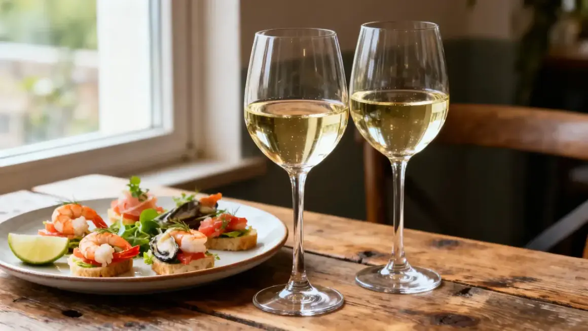 Deux verres de vin blanc pétillant, accompagnés de délicieux toasts aux fruits de mer et d'une tranche de citron vert.