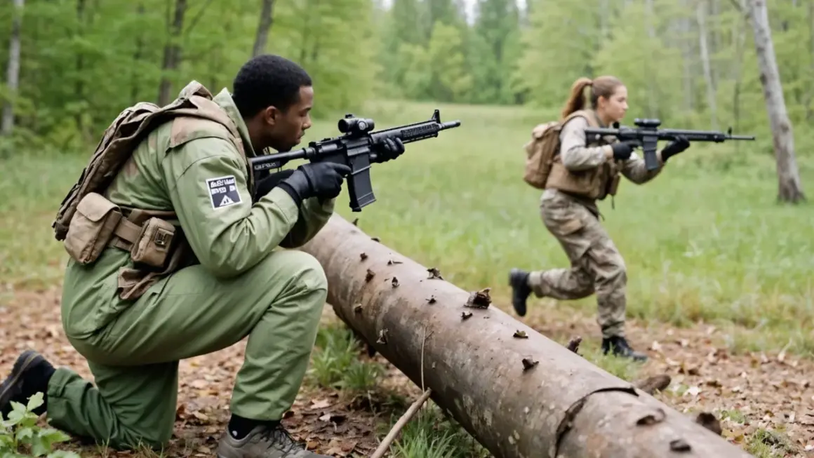 Dos jugadores de airsoft, uno agachado y otro corriendo, se mueven tácticamente por un bosque.