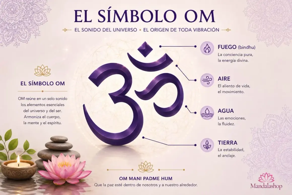 El símbolo Om, clave en mantras budistas y su significado, representa la unión de elementos.