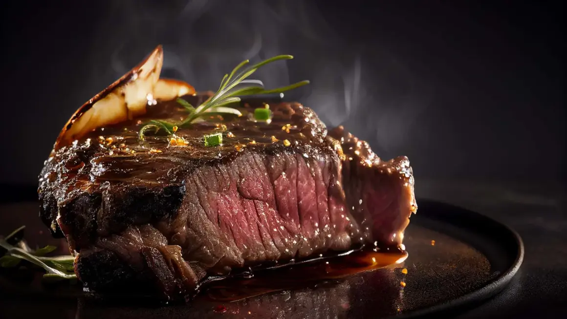 Perfekt gebratenes Steak mit Rosmarin und einer glänzenden Sauce. Dampf steigt auf und zeigt, wie frisch das Steak braten war.