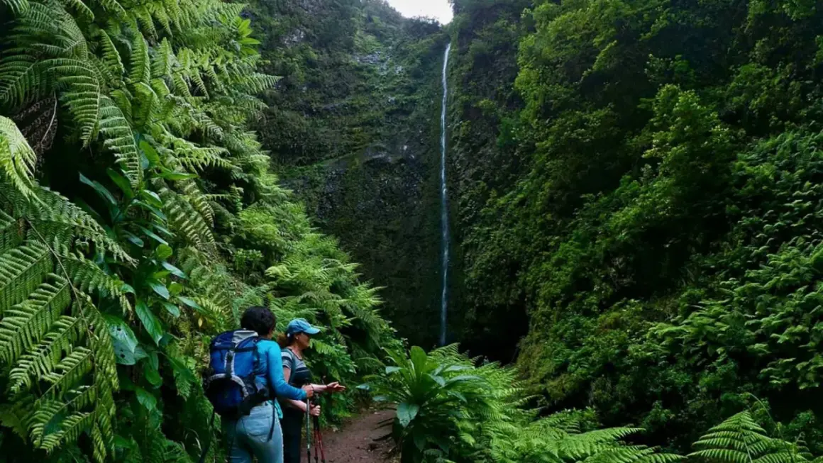 Dwie turystki podziwiają wodospad na szlaku Levada do Caldeirão Verde, otoczone bujną zielenią paproci.
