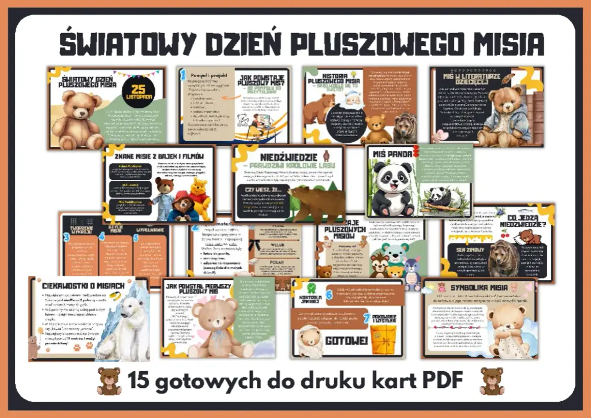 Kolaż grafik z pluszowymi misiami, niedźwiedziami i pandą, ilustrujący różne aspekty ich historii i tworzenia.