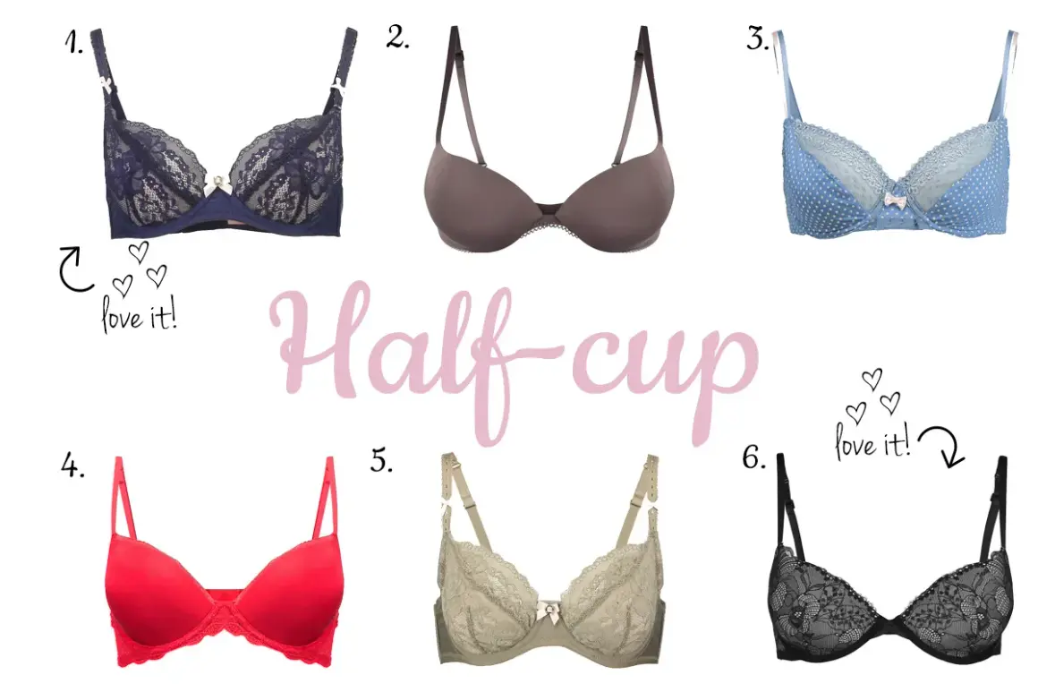 Kolekcja biustonoszy half cup: granatowy koronkowy, cielisty, w kropki, czerwony, khaki i czarny.