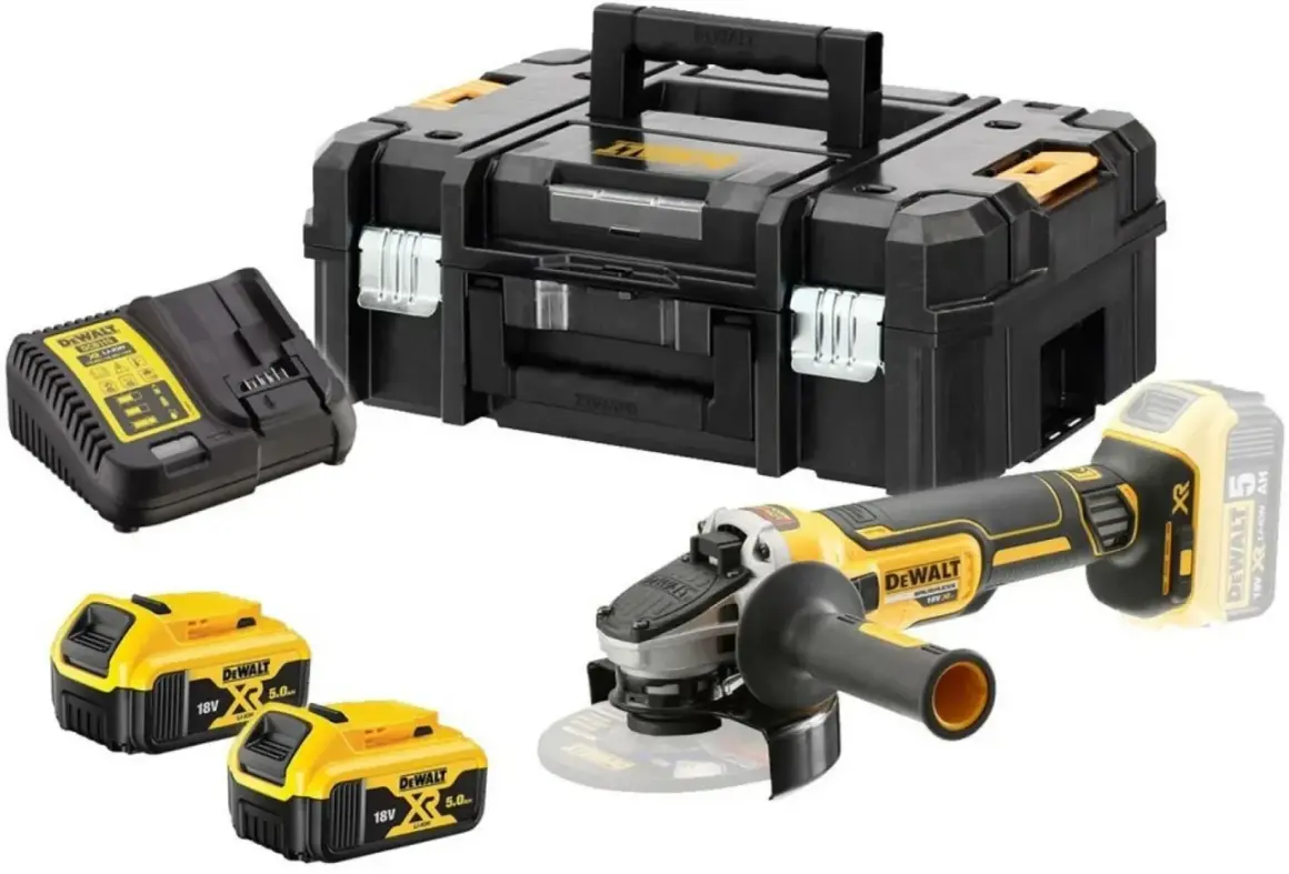 Coffret de rangement, meuleuse d'angle, chargeur et deux batteries 18V 5.0Ah de marque Dewalt.