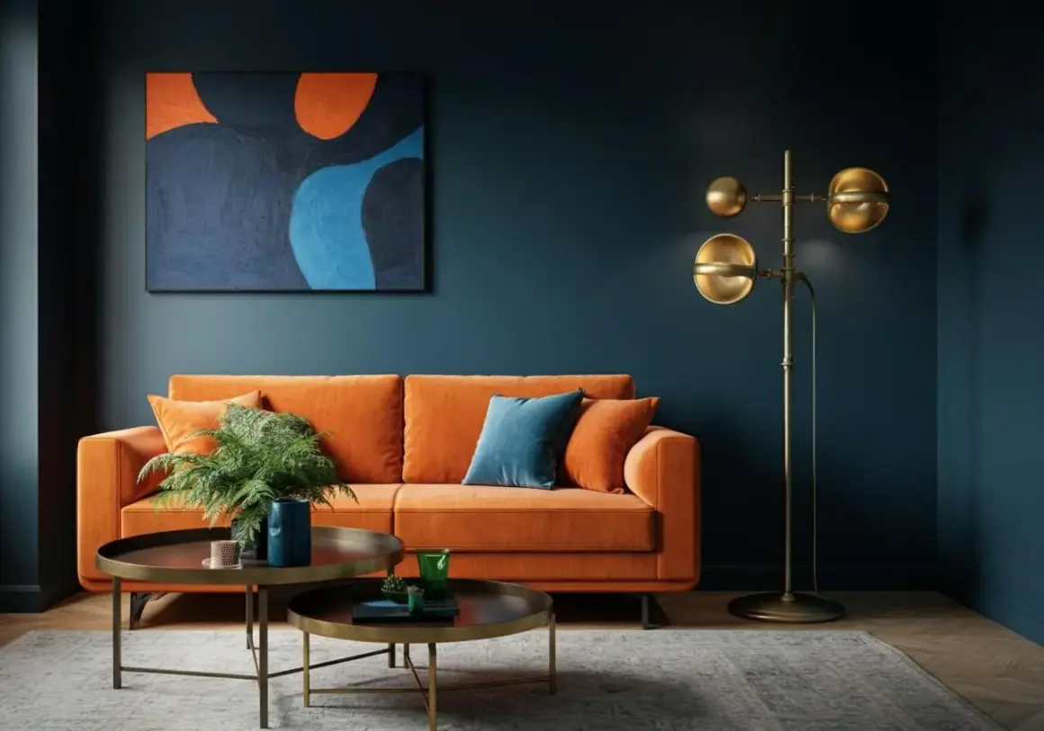 Ein orangefarbenes Sofa und ein abstraktes Gemälde schaffen ein warmes Wohnzimmer. Ein Messing-Stehleuchte sorgt für gemütliches Licht.