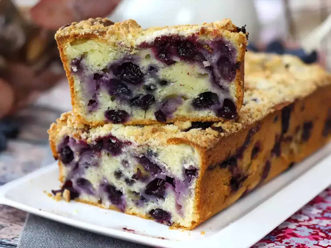 Ein saftiger Blaubeer Streuselkuchen, mit vielen Blaubeeren und knusprigen Streuseln, auf einem weißen Teller.