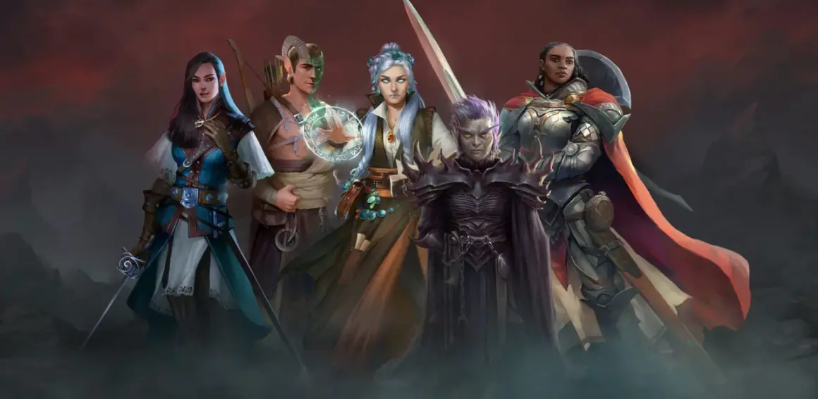 Pięć postaci z gry RPG na PC: elfka, łucznik, czarodziejka, mroczny wojownik i rycerka.