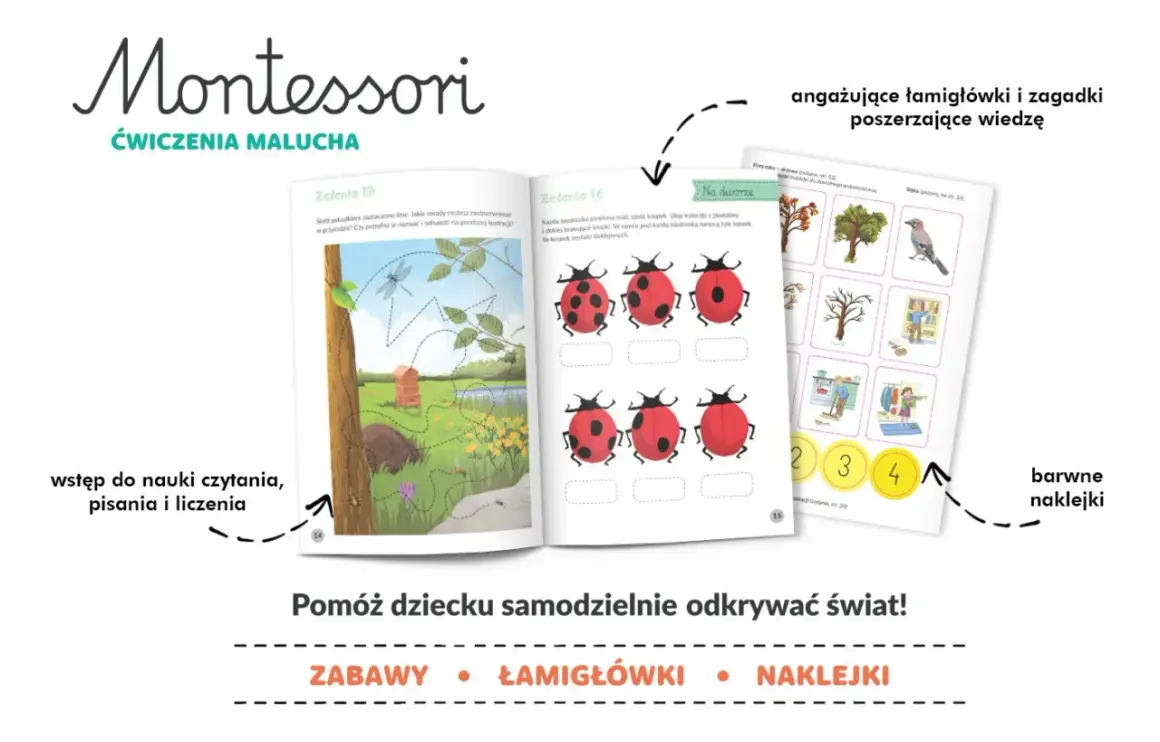 Ćwiczenia operacji myślowych dla maluchów: śledzenie linii, rysowanie kropek biedronkom i dopasowywanie obrazków.