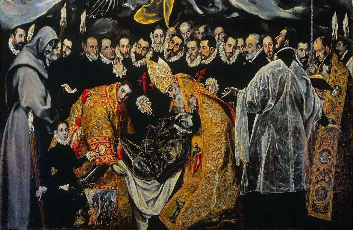 El arte en el Renacimiento: El entierro del Conde de Orgaz, obra maestra de El Greco, muestra un funeral solemne con figuras religiosas y nobles.