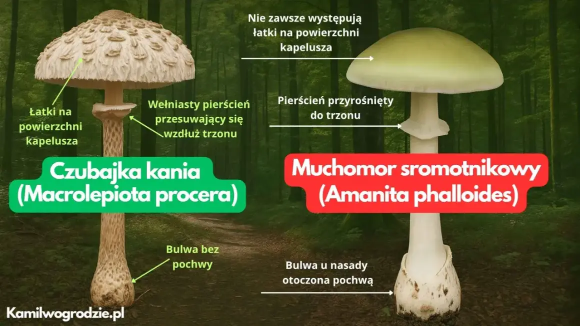 Jak odróżnić kanię od muchomora: czubajka kania ma łuski na kapeluszu i ruchomy pierścień, muchomor sromotnikowy ma gładki kapelusz i pierścień przyrośnięty do trzonu.