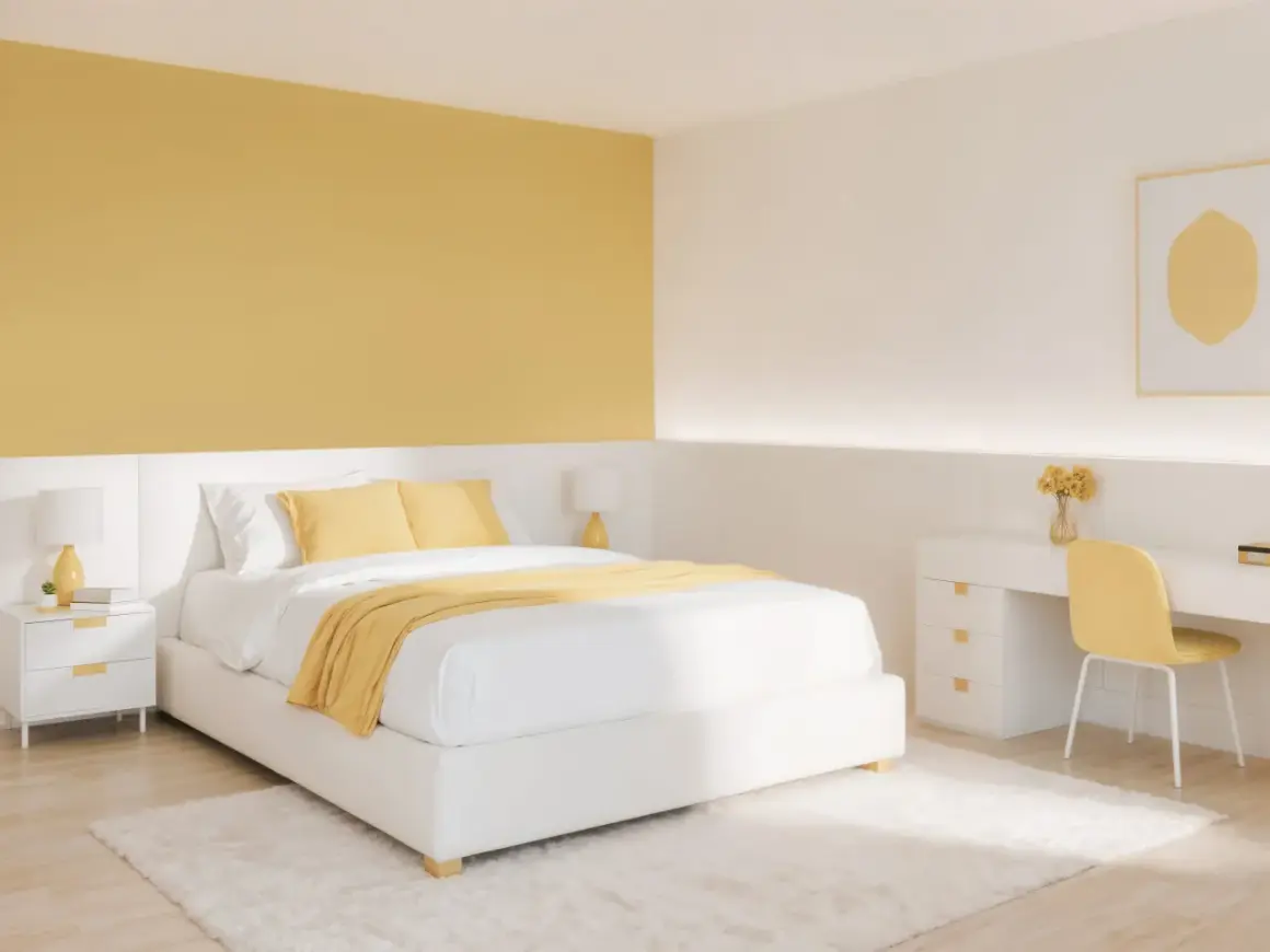 Chambre lumineuse avec un mur de couleur jaune moutarde, un lit blanc, une table de chevet et un bureau.