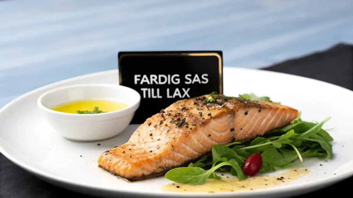 En perfekt tillagad laxfilé serveras med en skål med gyllene sås till lax, gröna blad och en rödbär.