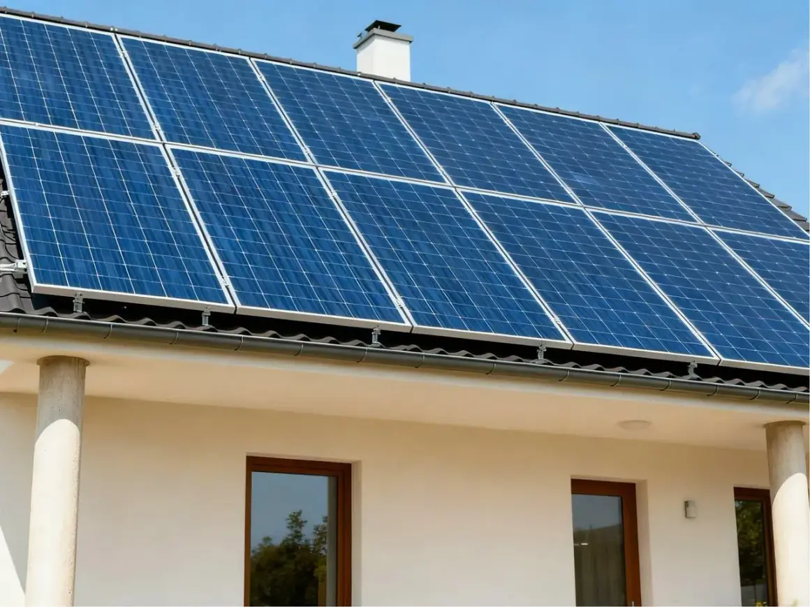 Panele fotowoltaiczne na dachu białego domu. Czy fotowoltaika się opłaca? Słońce świeci, produkując czystą energię.