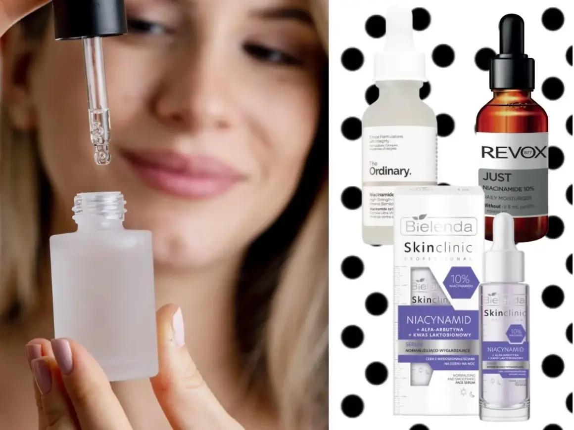 Kobieta aplikuje serum z niacynobazą 25. Na drugim planie kosmetyki z niacynamidem.