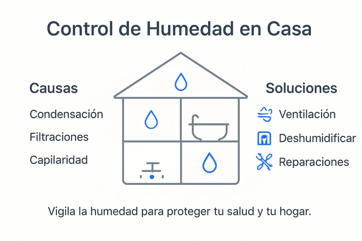 Diagrama de casa con causas (condensación, filtraciones, capilaridad) y soluciones (ventilación, deshumidificar, reparaciones) para el tratamiento de humedades en viviendas.