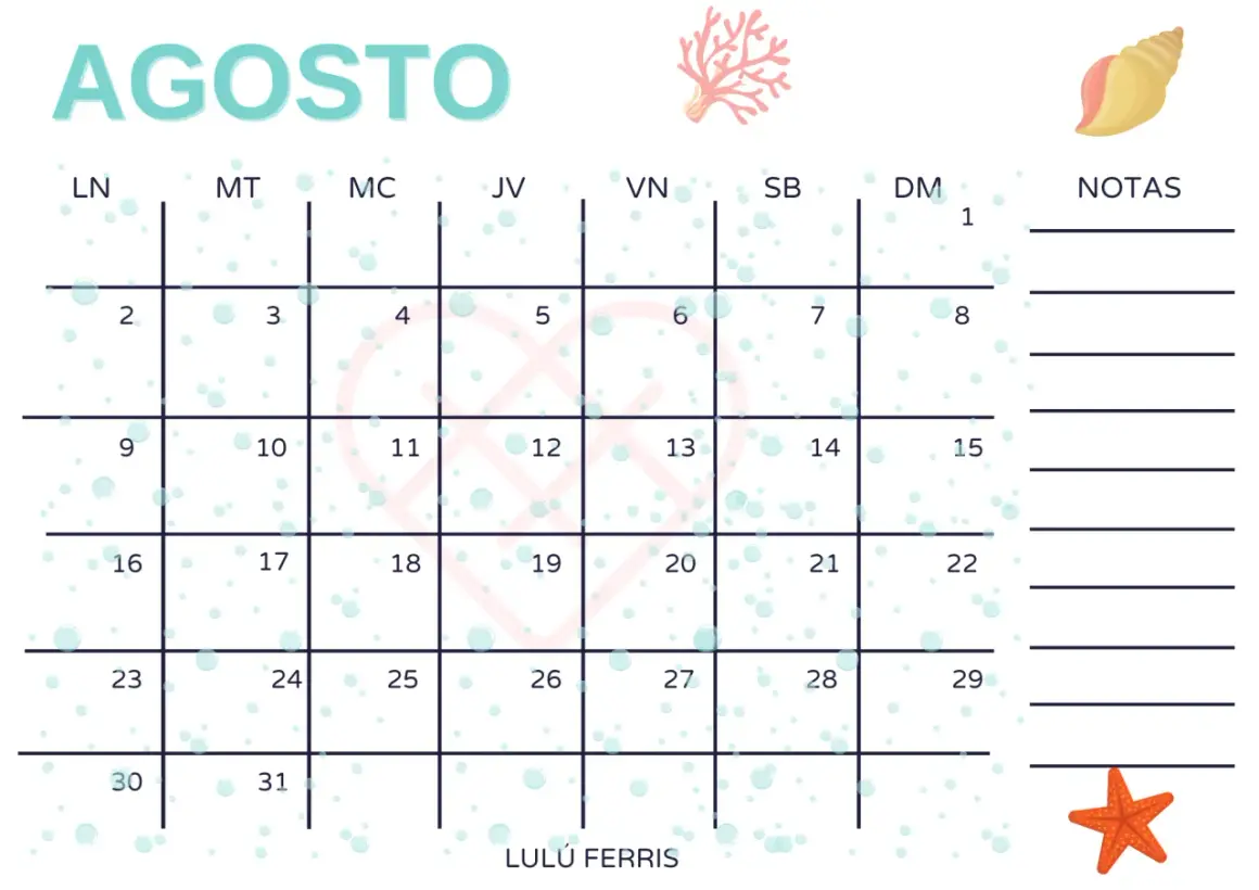 Calendario de agosto con diseño de burbujas y elementos marinos.