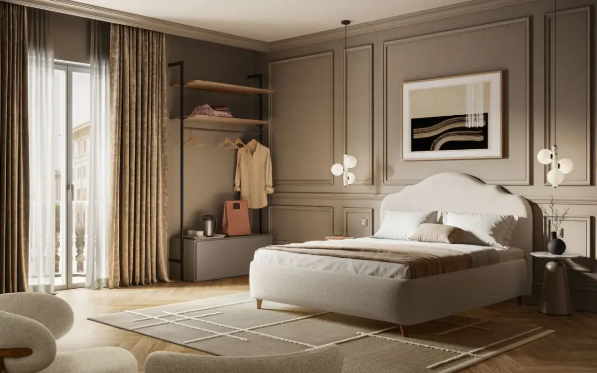 Camera da letto elegante, perfetta per arredare un B&B. Letto imbottito, armadio a giorno, poltrone e un quadro astratto creano un'atmosfera accogliente.