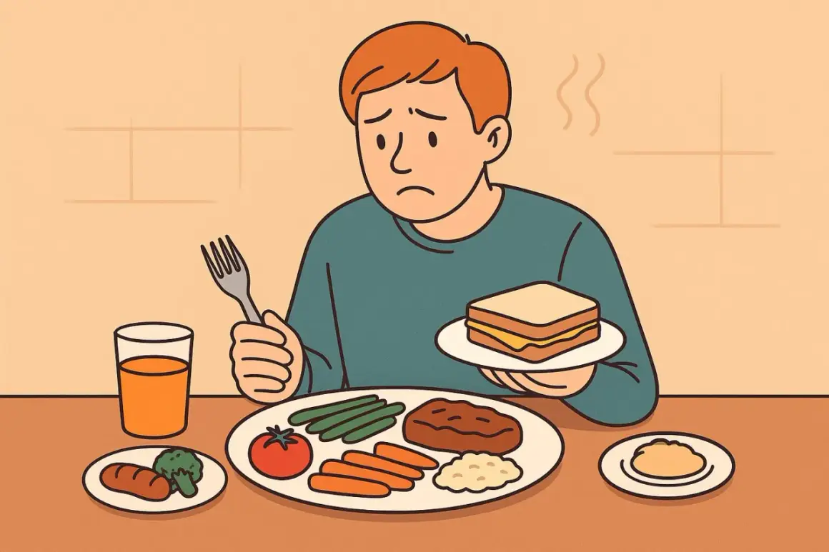 Jongen met autisme kijkt sip naar een bord vol groenten en vlees, terwijl hij een boterham vasthoudt. Eten kan een uitdaging zijn.