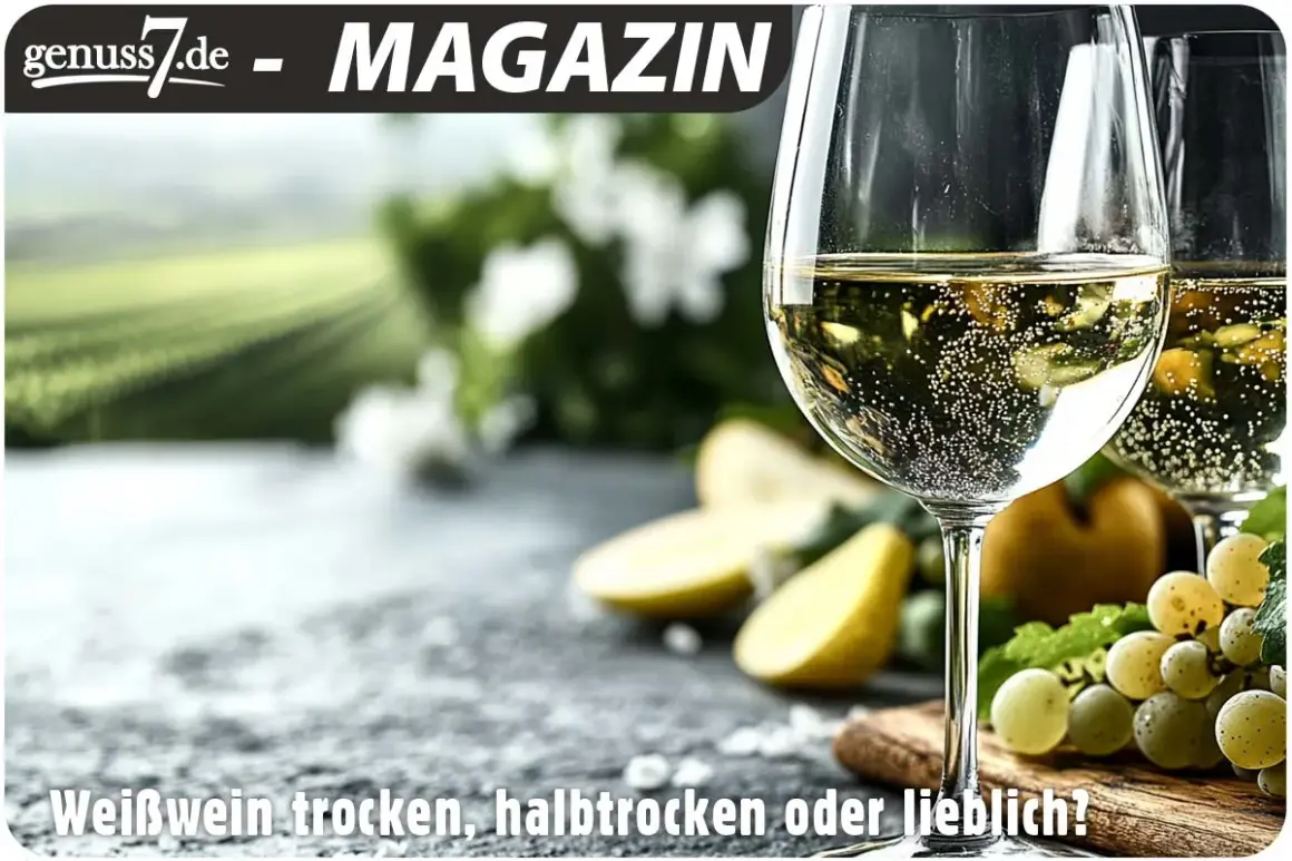 Zwei Gläser Weißwein, vielleicht Riesling trocken oder lieblich, mit Trauben und Obst. Im Hintergrund Weinberge.