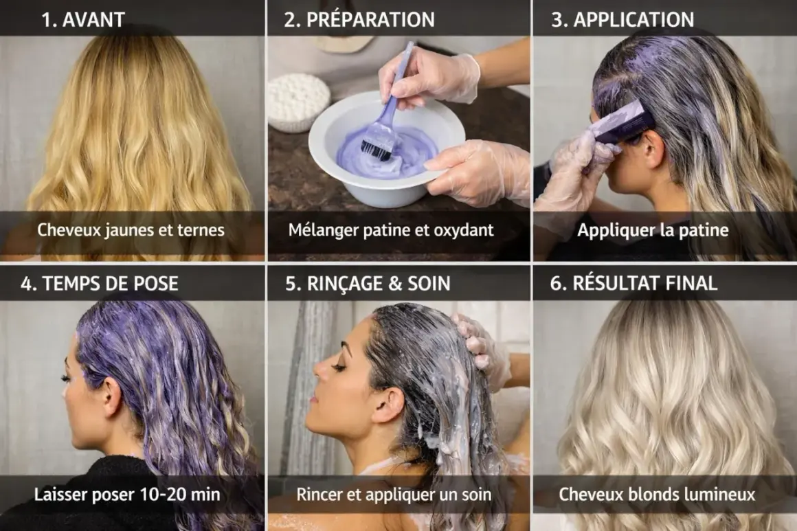 Étapes pour une coloration patine : préparation du mélange, application, pose, rinçage et résultat final avec des cheveux blonds lumineux.