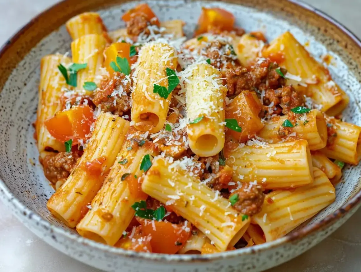 En skål med rigatoni pasta med en mustig salsiccia-sås, toppad med riven parmesan och färsk persilja.