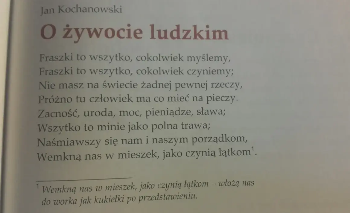 Jan Kochanowski pisze, że życie to fraszka. Wszystko przemija, jak trawa polna, a nas włożą do worka.