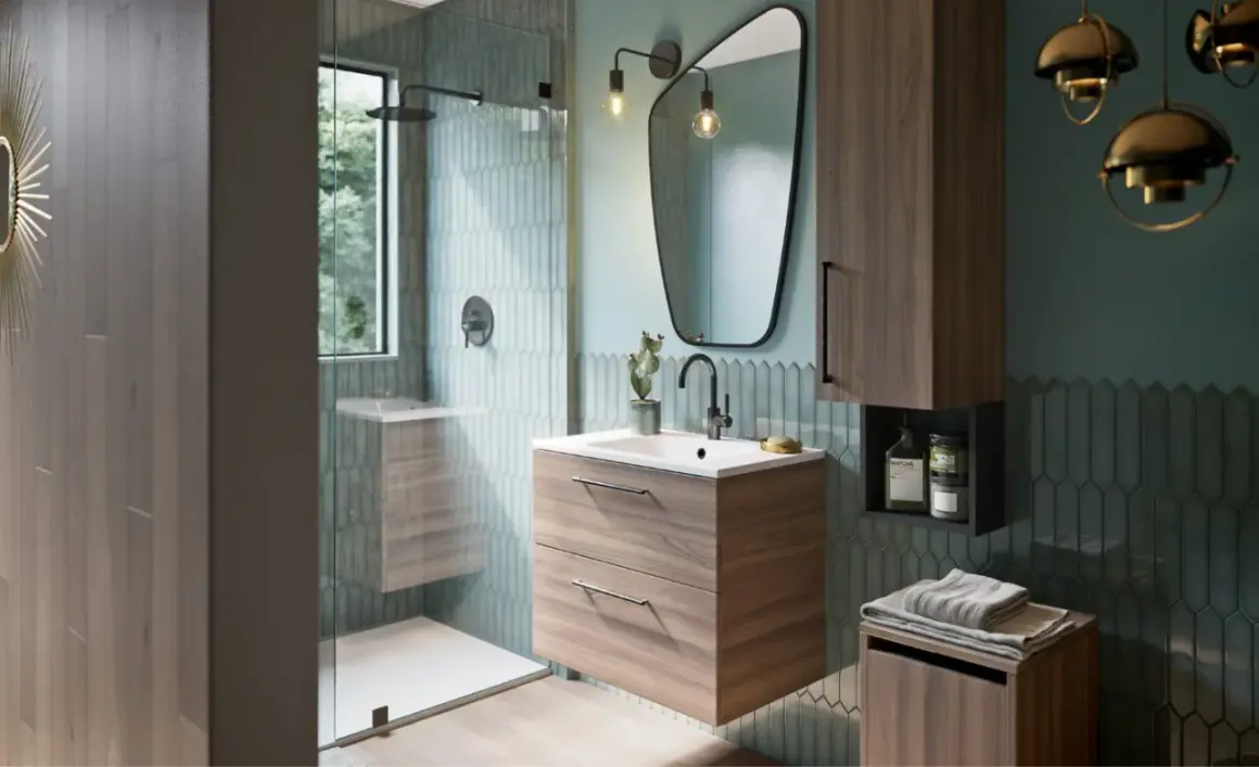 Salle de bain moderne avec douche vitrée, meuble vasque en bois, miroir asymétrique et carrelage vert d'eau. La taille moyenne d'une salle de bain est bien représentée.