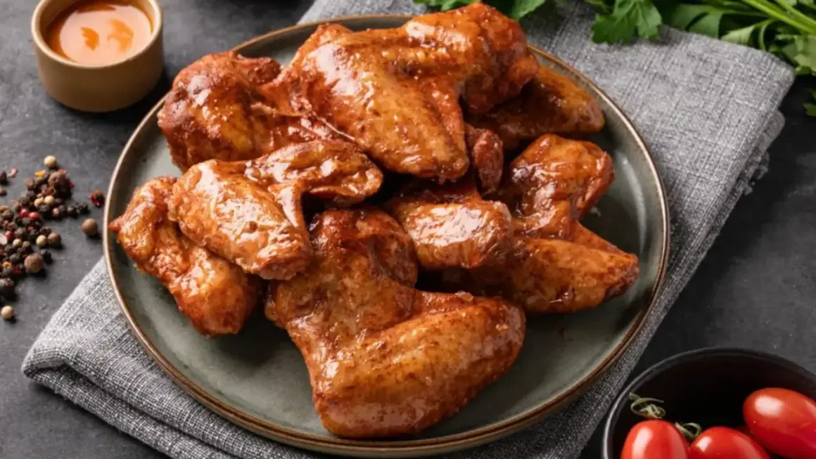 Sabrosas alitas de pollo a la coca cola, glaseadas y doradas, servidas en un plato con salsa y tomates cherry.