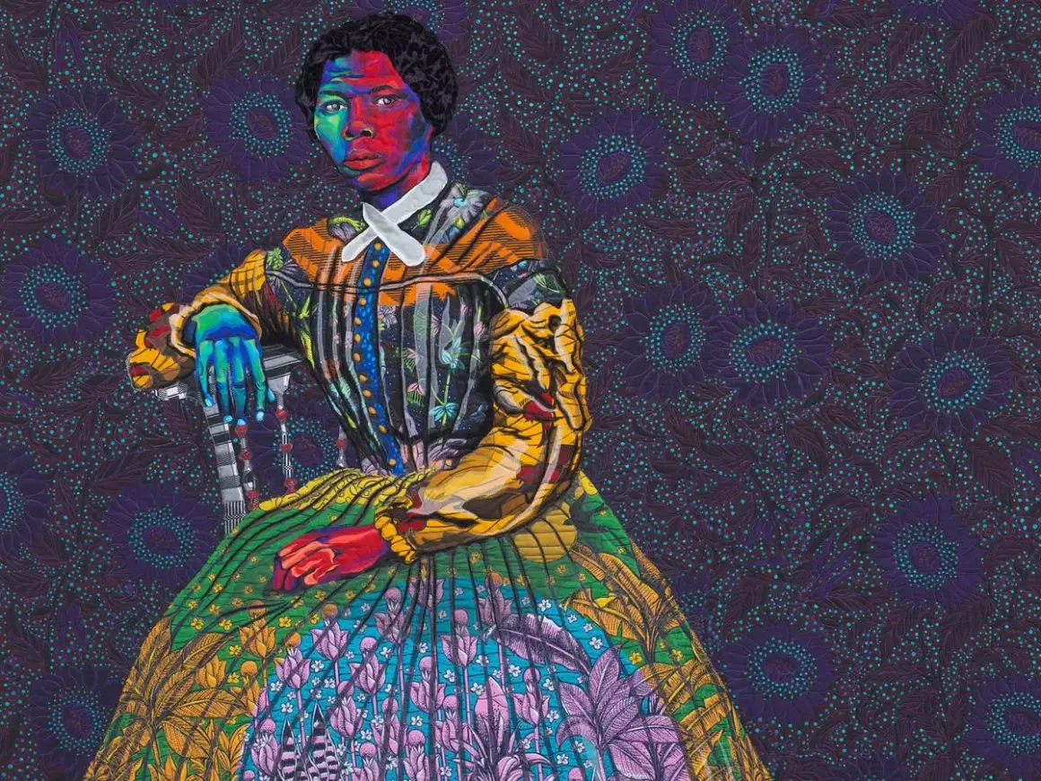 Vibrant portrait of a woman by contemporary black artists, her skin a mosaic of bold colors against a patterned background.