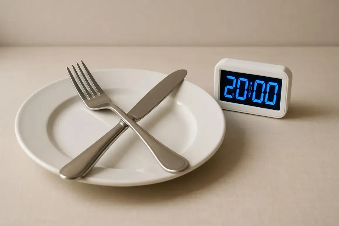 Piatto vuoto con forchetta e coltello incrociati, accanto a un orologio digitale che segna le 20:00. Forse è ora di iniziare a pensare che non mangiare fa dimagrire.