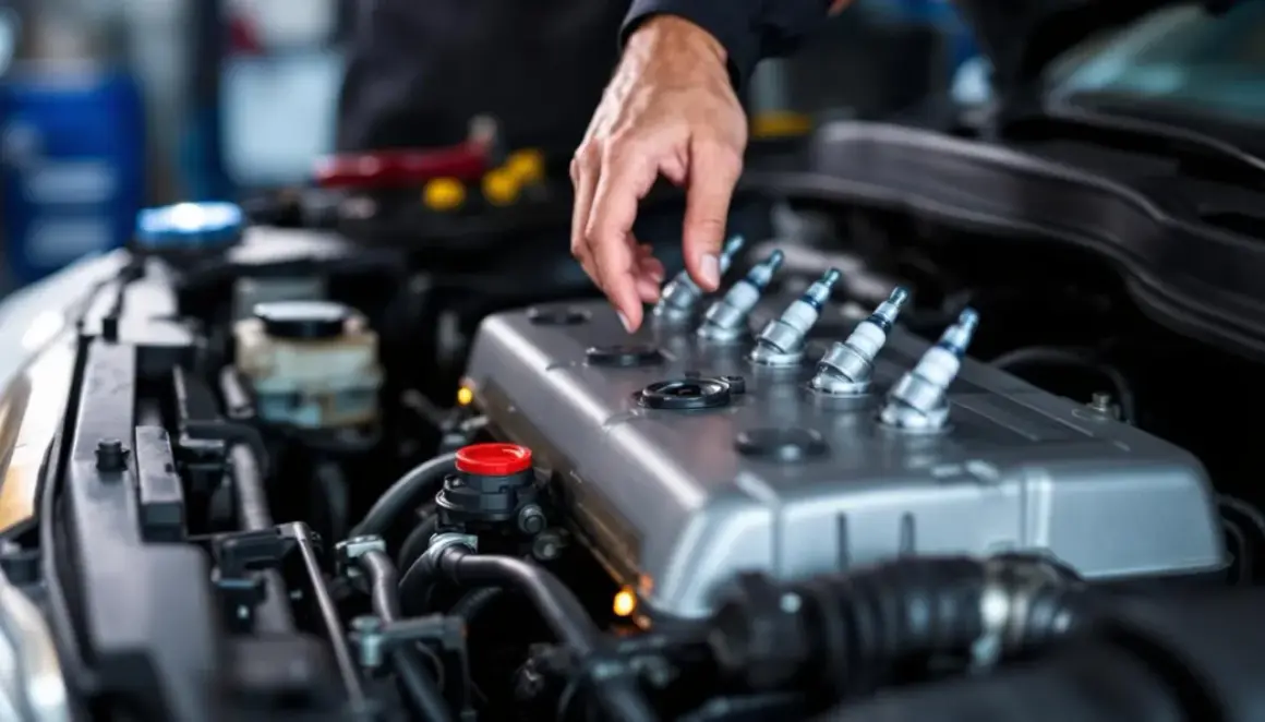 Mécanicien vérifiant les bougies d'allumage d'un moteur essence. Si votre voiture broute en roulant, cela peut venir de là.