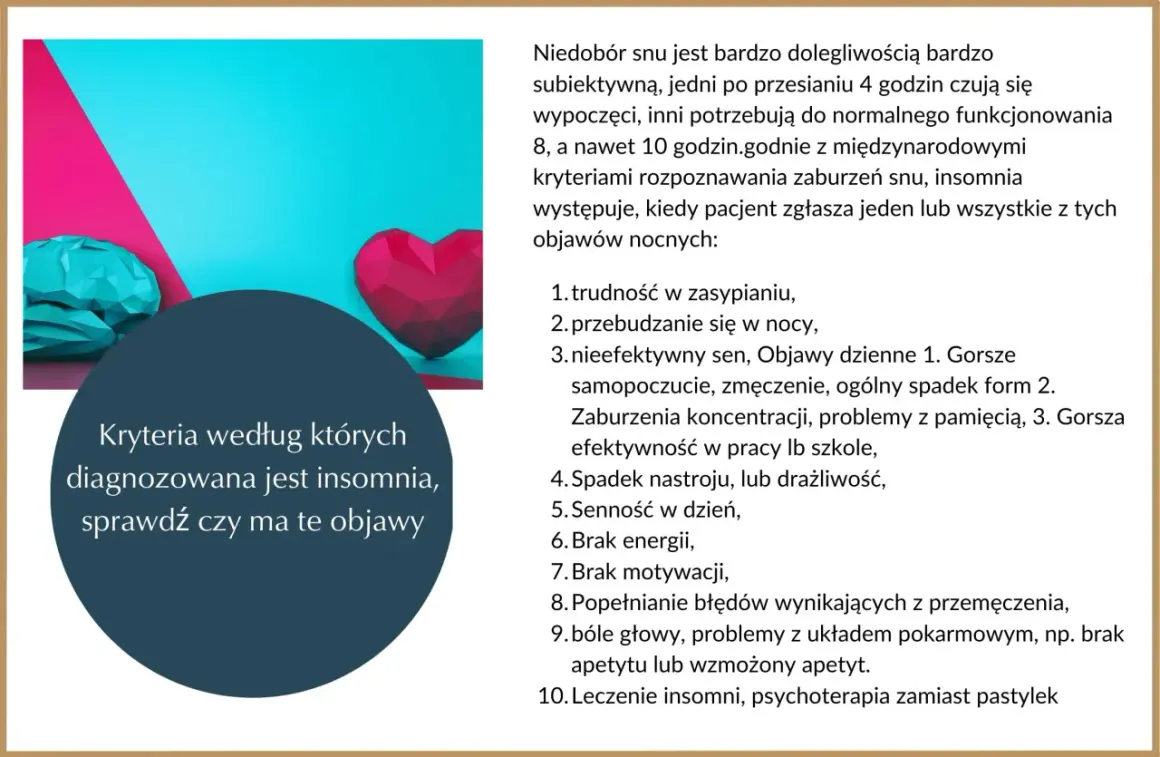 Grafika z mózgiem i sercem. Tekst o objawach zaburzeń snu, insomnii i kryteriach diagnostycznych.