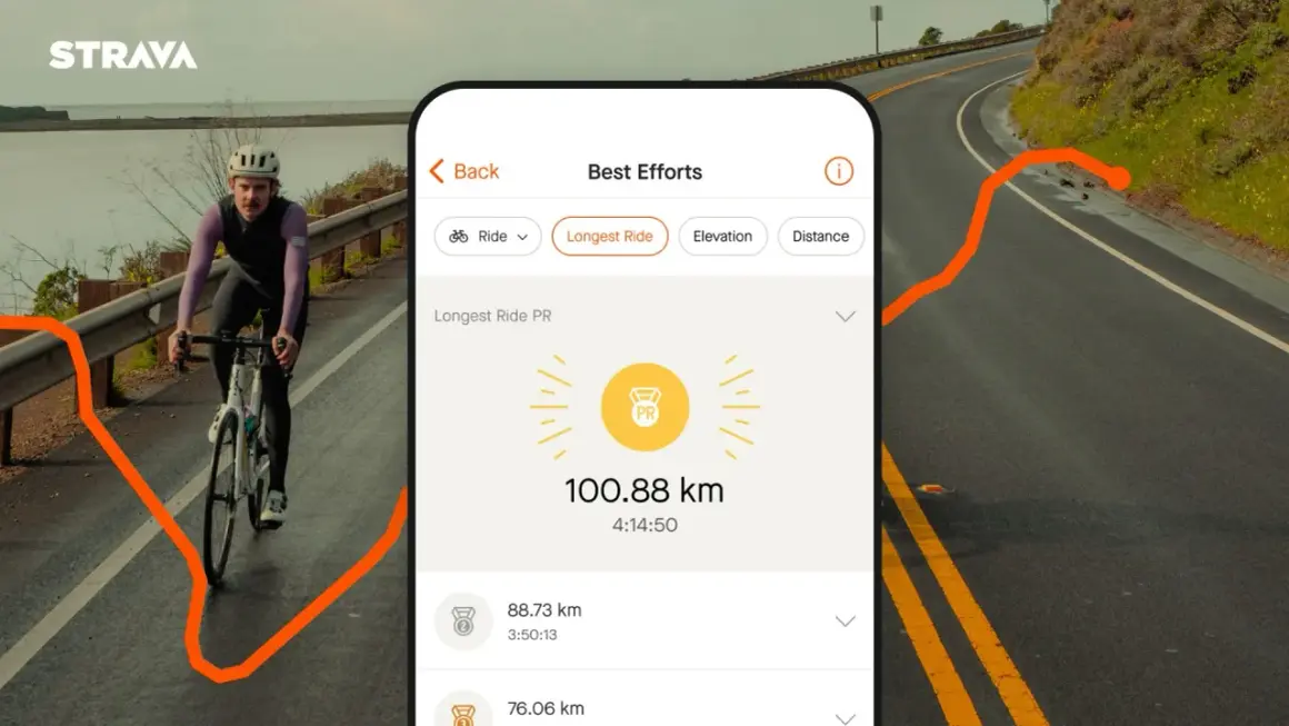 Aplikacja Strava pokazuje rekordowy dystans 100.88 km na rowerze.