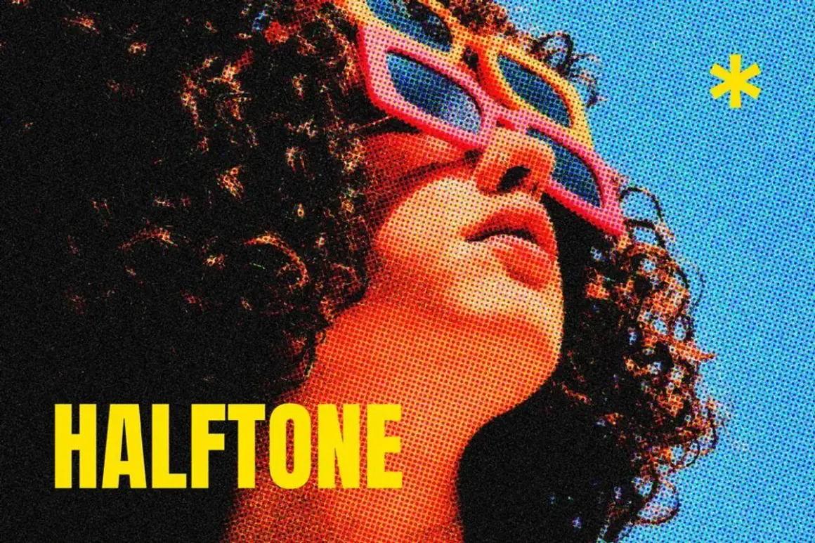 A person with curly hair wears colorful sunglasses, with a comic book effect photoshop style. The word "HALFTONE" is in yellow text.