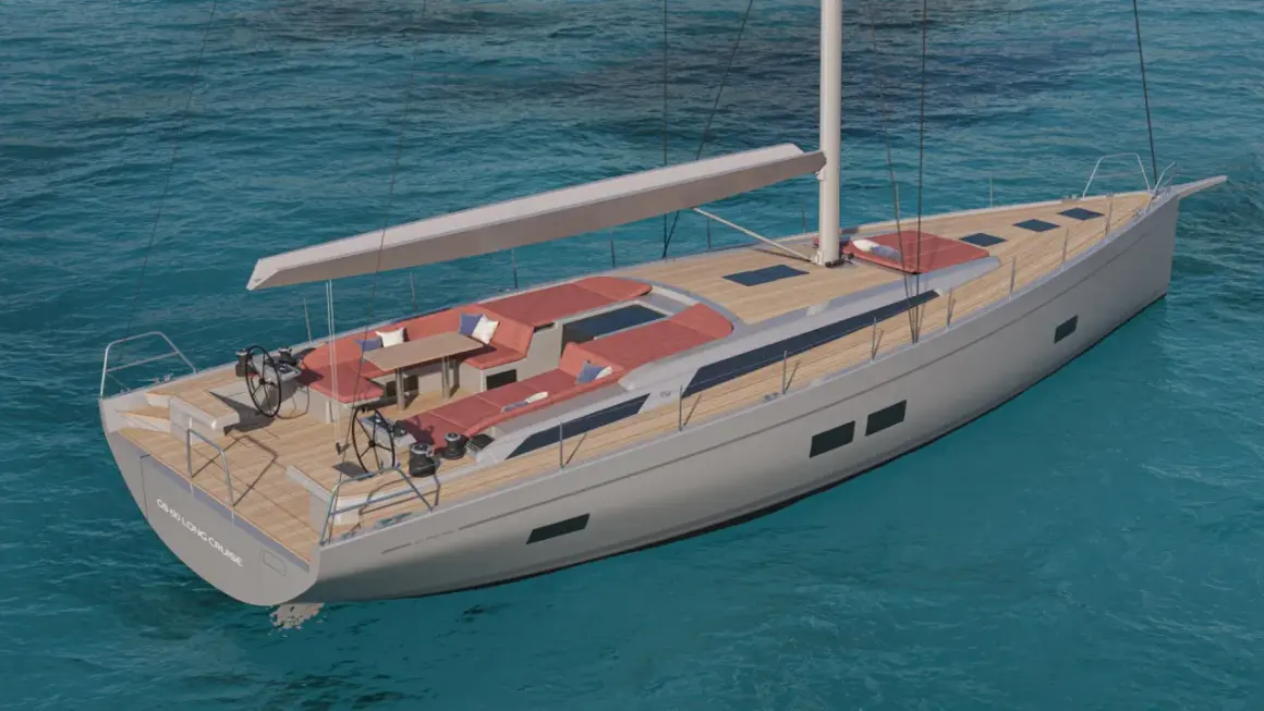 Yacht del Pardo con comodi divani rossi e tavolo in teak, pronta per una crociera.