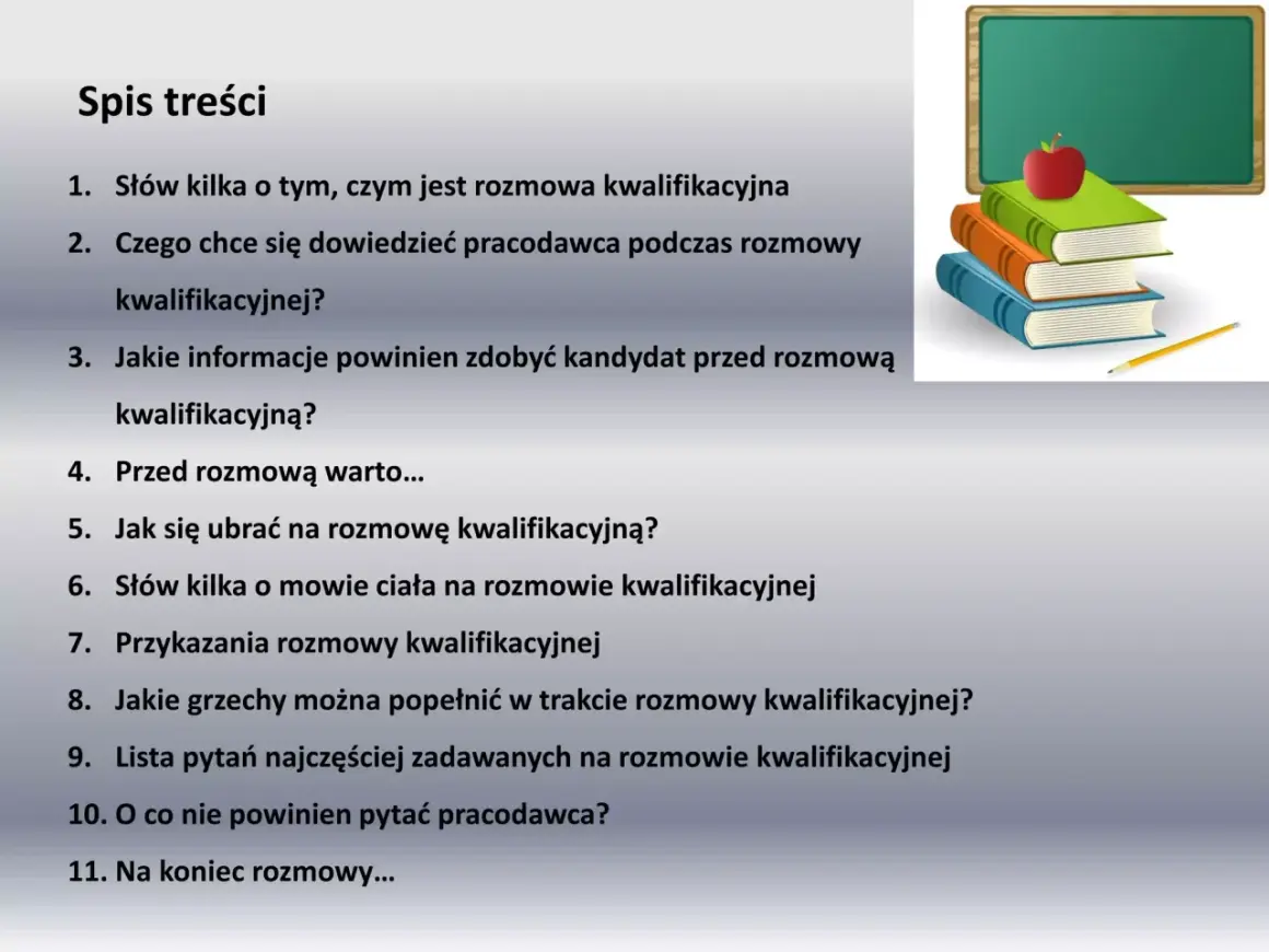 Spis treści prezentuje pytania na rozmowie kwalifikacyjnej, od podstaw po błędy i pytania do pracodawcy. Obok stos książek i jabłko.