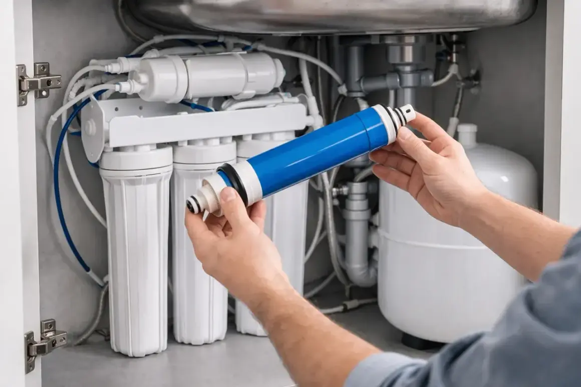 Main bleue d'un système d'osmose inverse, prête à être installée. L'entretien de la membrane osmoseur garantit une eau pure.
