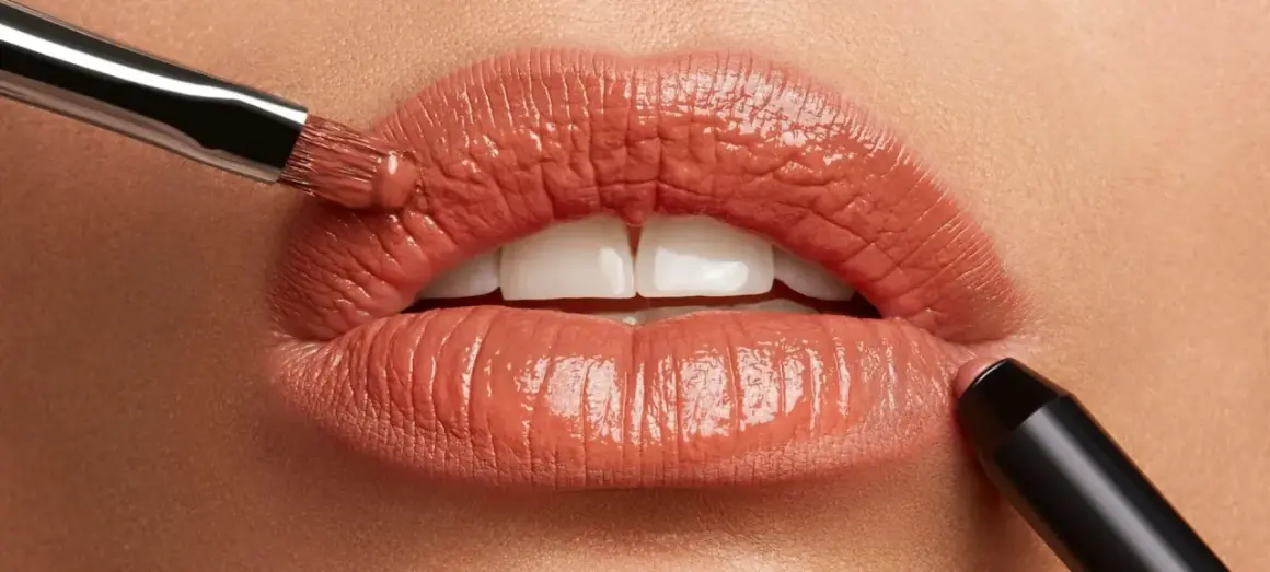 Labbra perfette con un tocco di colore. Un pennello applica un prodotto cremoso, mentre un rossetto definisce il contorno.