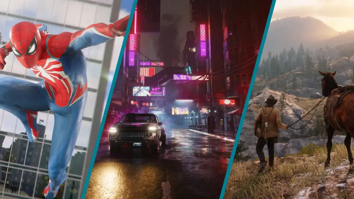 Spiderman schwingt durch eine Stadt, ein Auto fährt durch eine neonbeleuchtete Gasse, ein Cowboy reitet durch eine Berglandschaft – alles Teil von fesselnden open world games ps5.