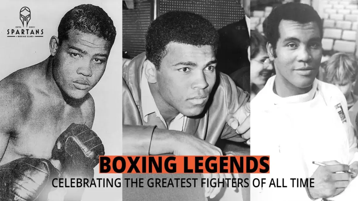 Collage of famous boxers, including Joe Louis, Muhammad Ali, and Rocky Marciano, celebrating the greatest fighters of all time.