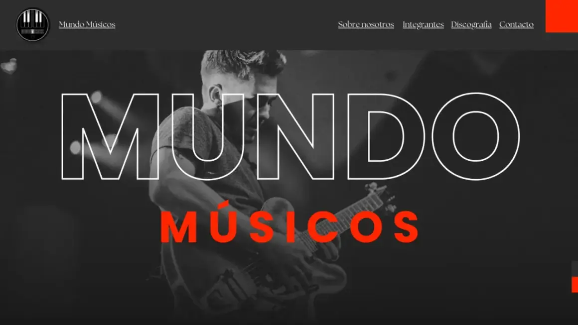 Un músico toca la guitarra en un escenario, con el texto "Mundo Músicos" superpuesto. Un ejemplo de dossier de prensa para artistas.