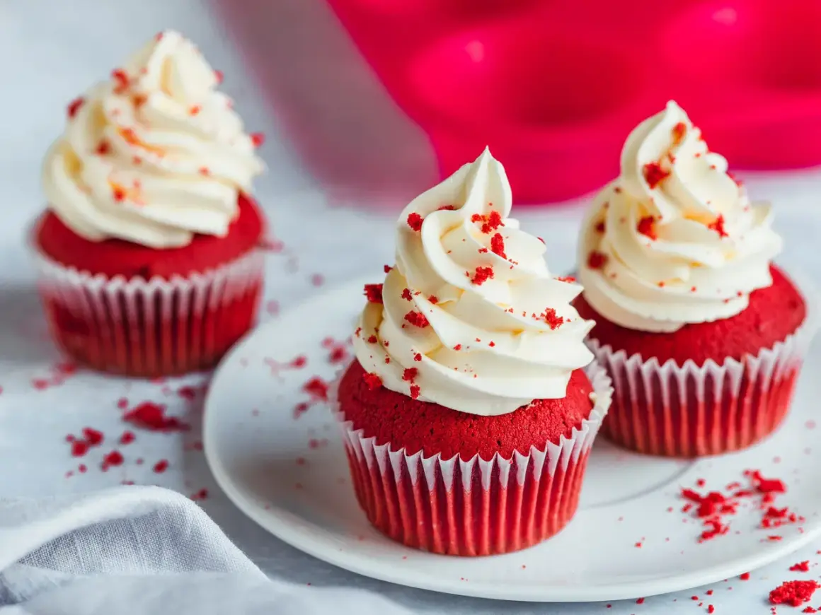 Drei rote Samt-Cupcakes mit cremiger weißer Glasur und roten Krümeln.