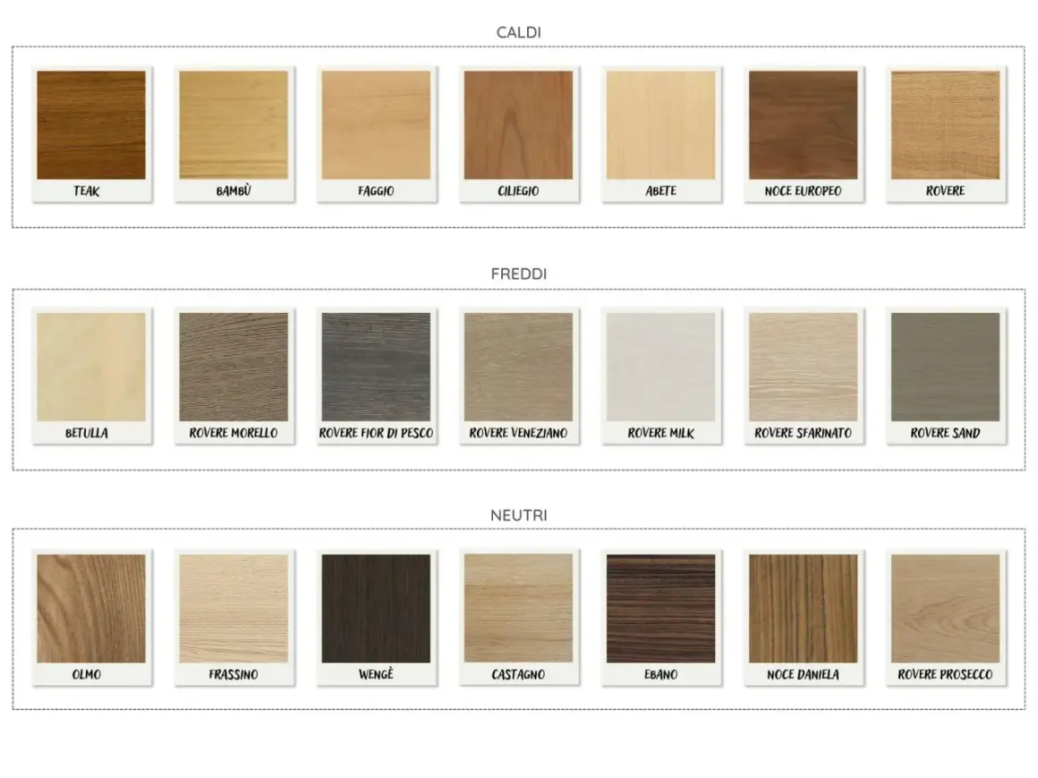 Tabella colori per legno: tonalità calde (Teak, Bambù, Faggio, Ciliegio, Abete, Noce Europeo, Rovere), fredde (Betulla, Rovere Morello, Rovere Fior di Pesco, Rovere Veneziano, Rovere Milk, Rovere Sfarinato, Rovere Sand) e neutre (Olmo, Frassino, Wengè,...