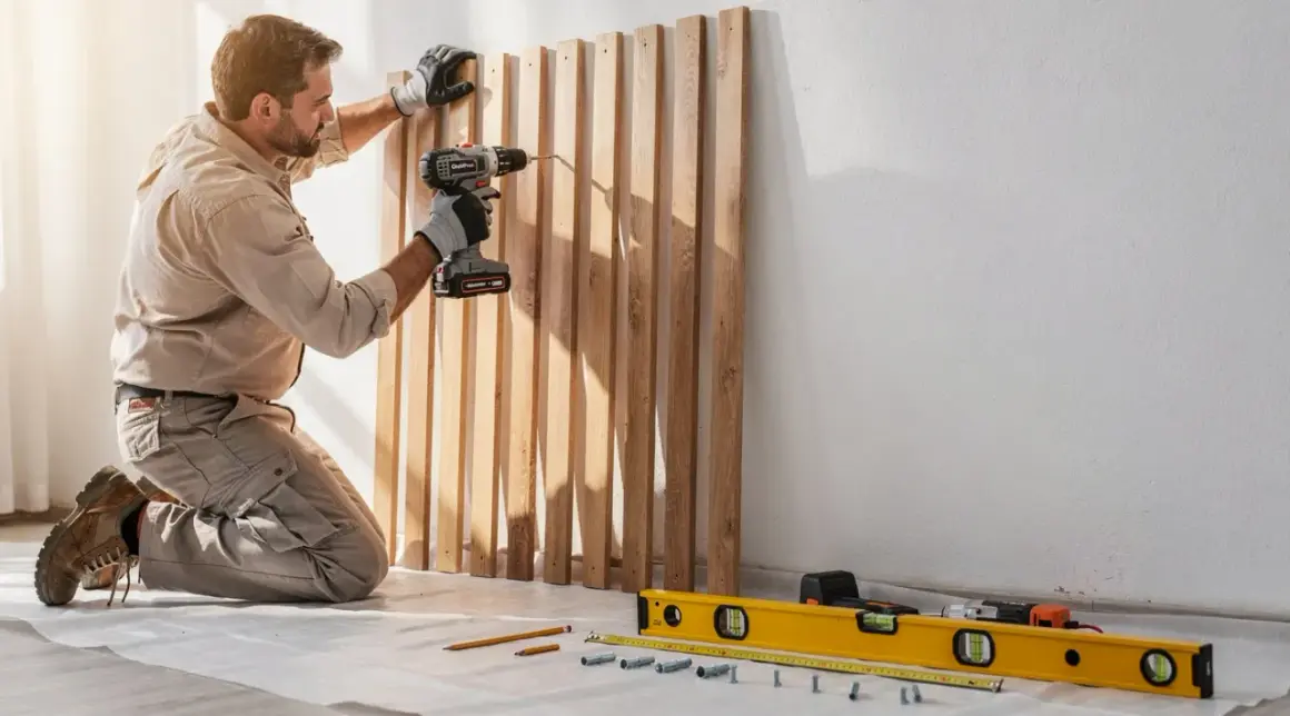 Un homme agenouillé fixe des lattes de bois brut sur un mur avec une perceuse. Des outils de mesure sont au sol.