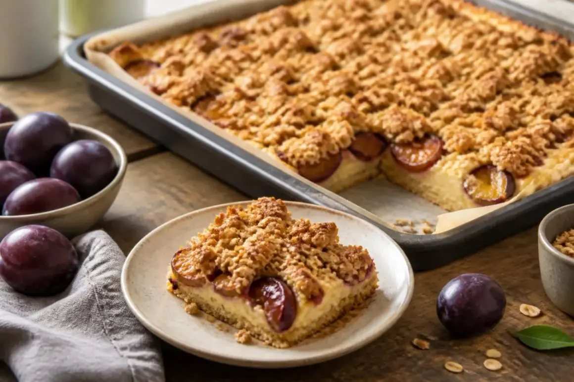 Ein Stück Zwetschgenkuchen mit knuspriger Streuselhaube, perfekt nach dem crumble grundrezept. Daneben eine Schüssel mit frischen Zwetschgen.