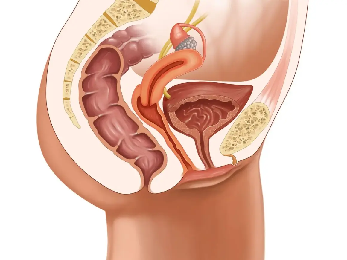 Anatomie pelvienne féminine montrant le côlon, la vessie, l'utérus et le sacrum. Illustration pour une opération prolapsus avis.