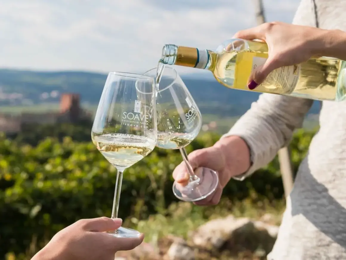 Versando vino bianco in calici con logo Soave, sullo sfondo un paesaggio collinare con vigneti e un castello. Un brindisi al Soave Superiore DOCG.