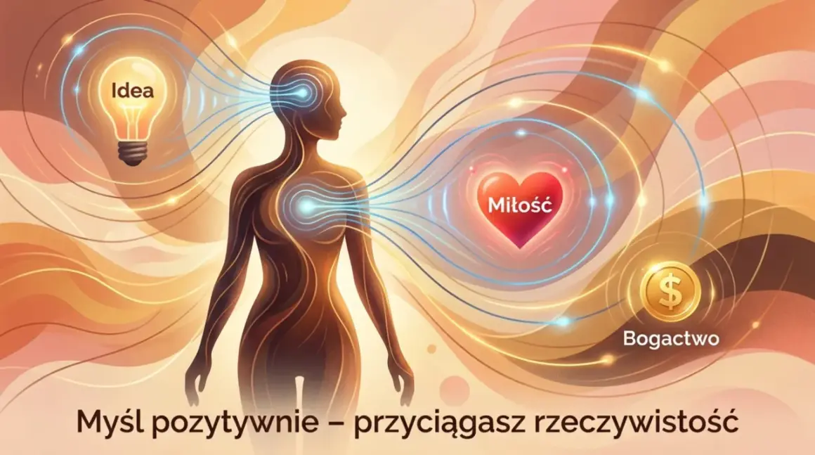 Sylwetka człowieka otoczona energią, z żarówką "Idea", sercem "Miłość" i monetą "Bogactwo". Klucz do szczęścia: pozytywne myśli przyciągają rzeczywistość.