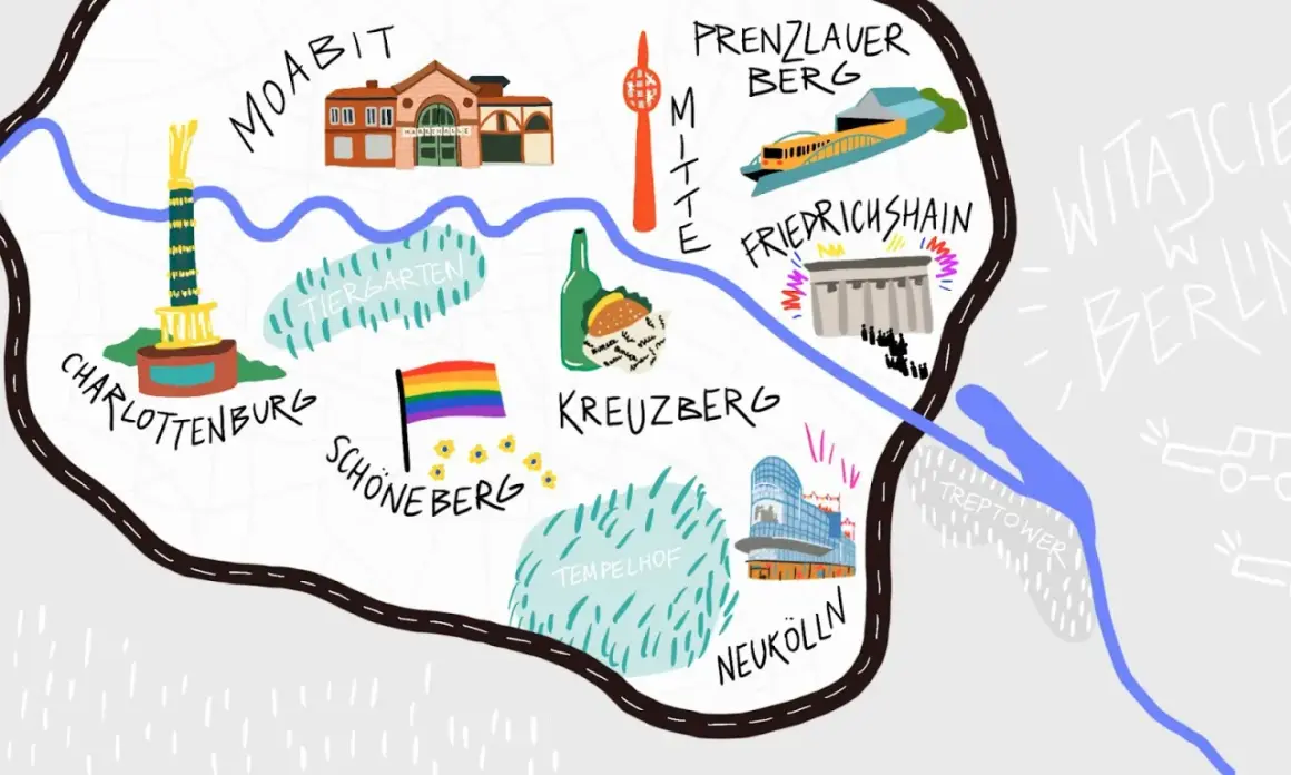 Mapa Berlina z zaznaczonymi dzielnicami, jak Kreuzberg, Friedrichshain, Neukölln, które bywają określane jako niebezpieczne dzielnice Berlina.