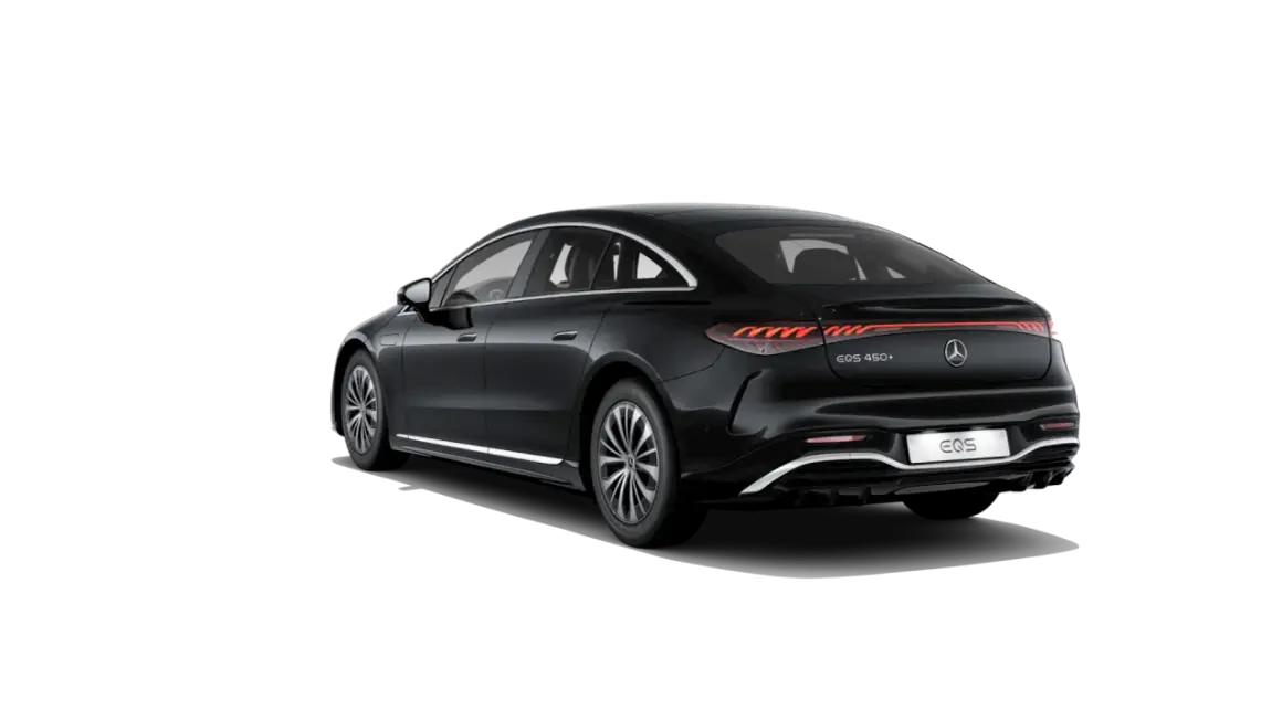 Elegancki, czarny Mercedes EQS 450+ z charakterystycznym pasem świateł z tyłu.